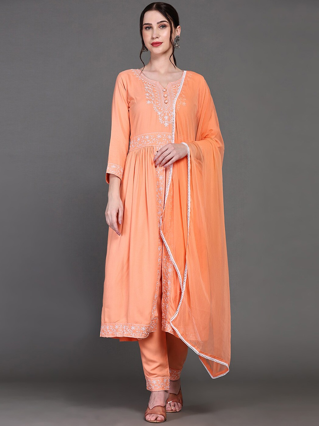 

Ziva Fashion Floral Embroidered Thread Work A-Line Kurta With Trousers & Dupatta, Orange