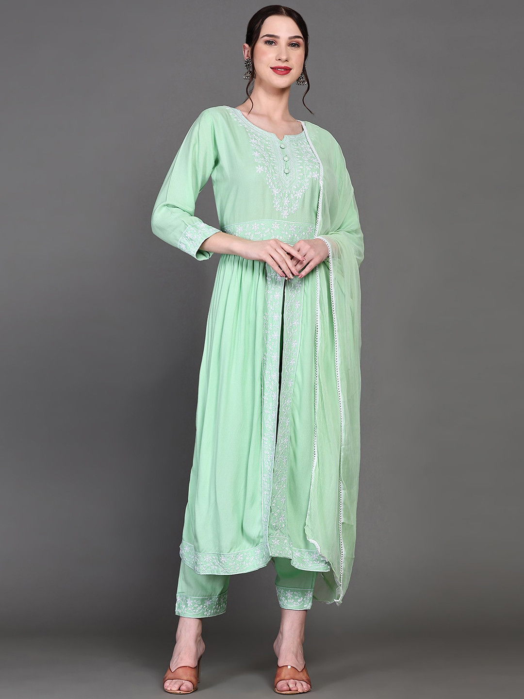

Ziva Fashion Ethnic Motifs Embroidered High Slit Kurta With Trouser & Dupatta, Sea green