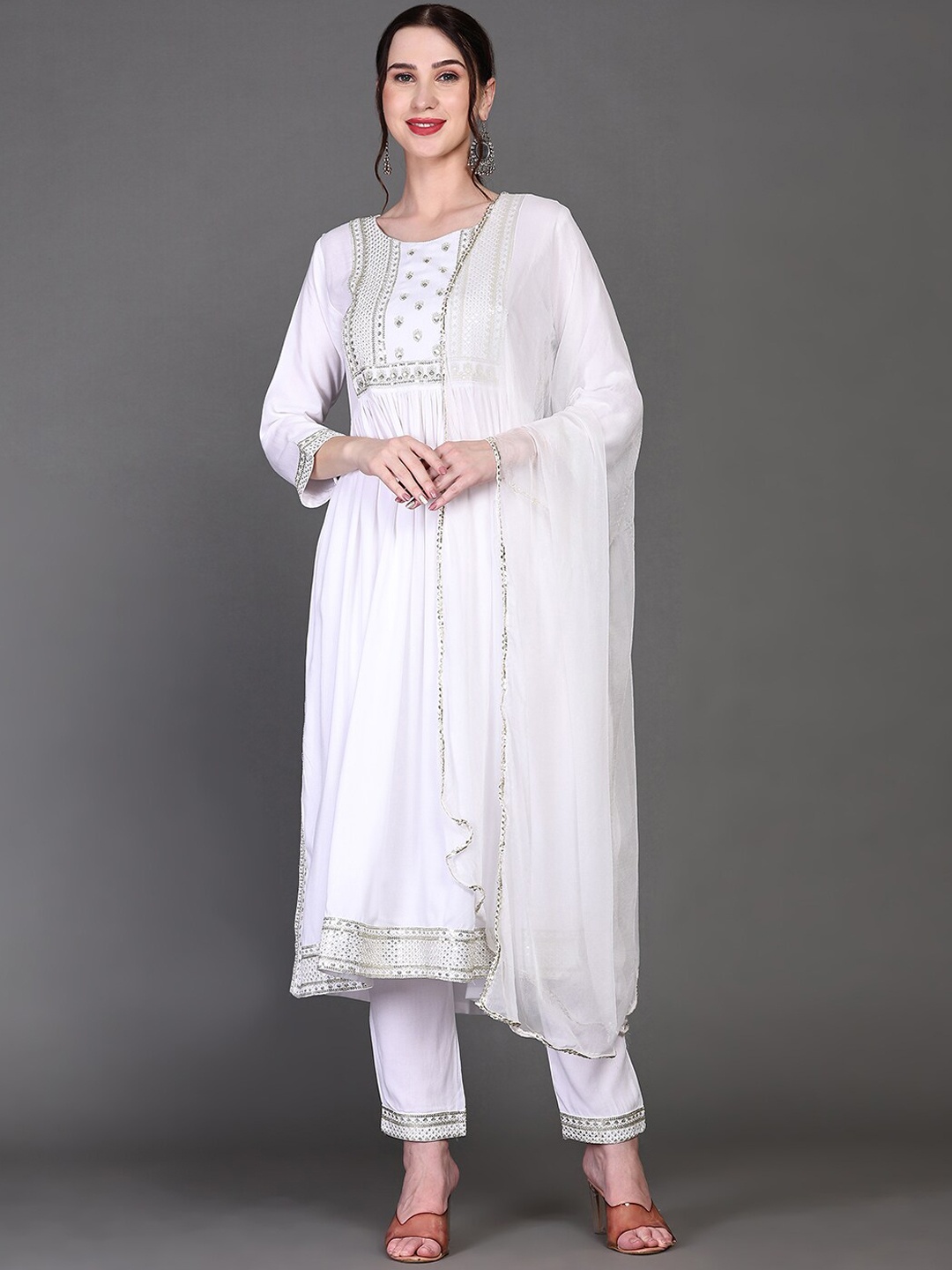 

Ziva Fashion Ethnic Motifs Yoke Design Sequinned A-line Kurta With Trousers & Dupatta, White