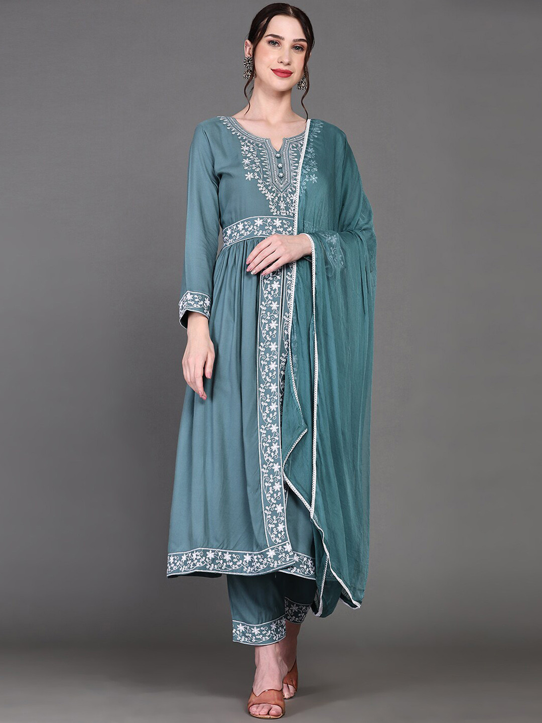 

Ziva Fashion Floral Embroidered Thread Work A-Line Kurta With Trousers & Dupatta, Green