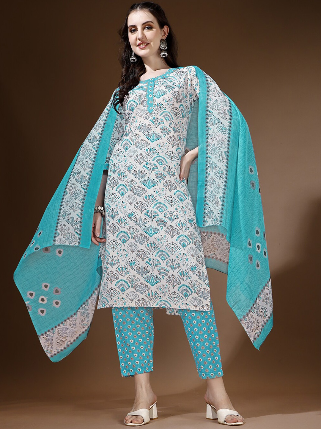 

Ziva Fashion Ethnic Motifs Printed Gotta Patti Straight Kurta With Trousers & Dupatta, Blue