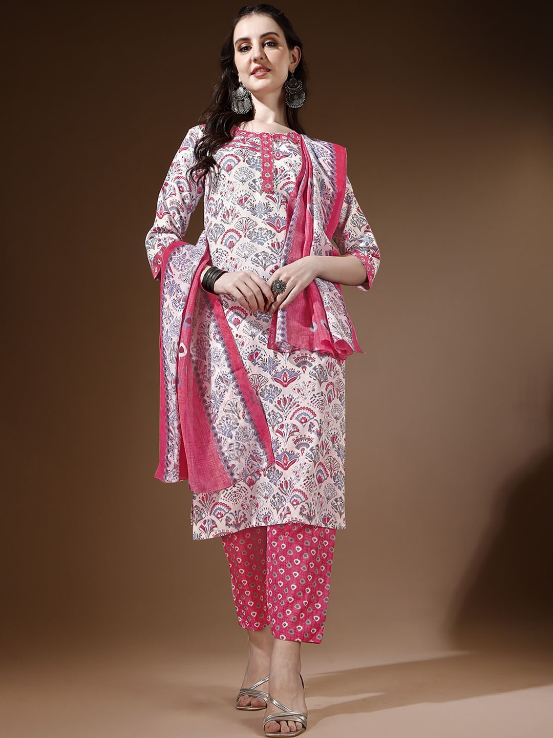 

Ziva Fashion Ethnic Motifs Printed Gotta Patti Straight Kurta With Trousers & Dupatta, Pink