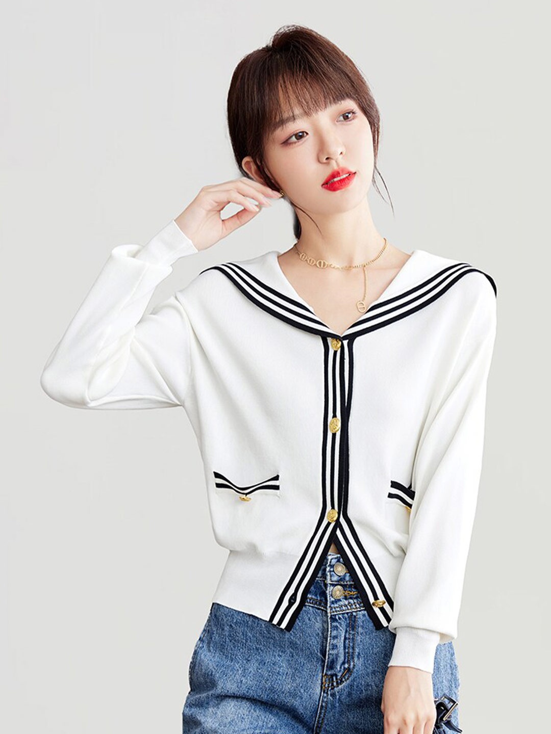 

JC Collection Striped V-Neck Long Sleeve Cardigan Sweater, White