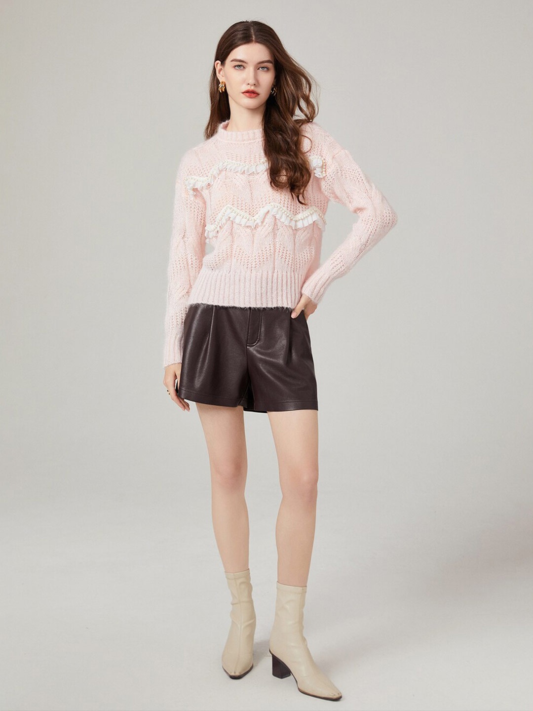 

JC Collection Self Design Cable Knit Long Sleeve Sweater, Pink