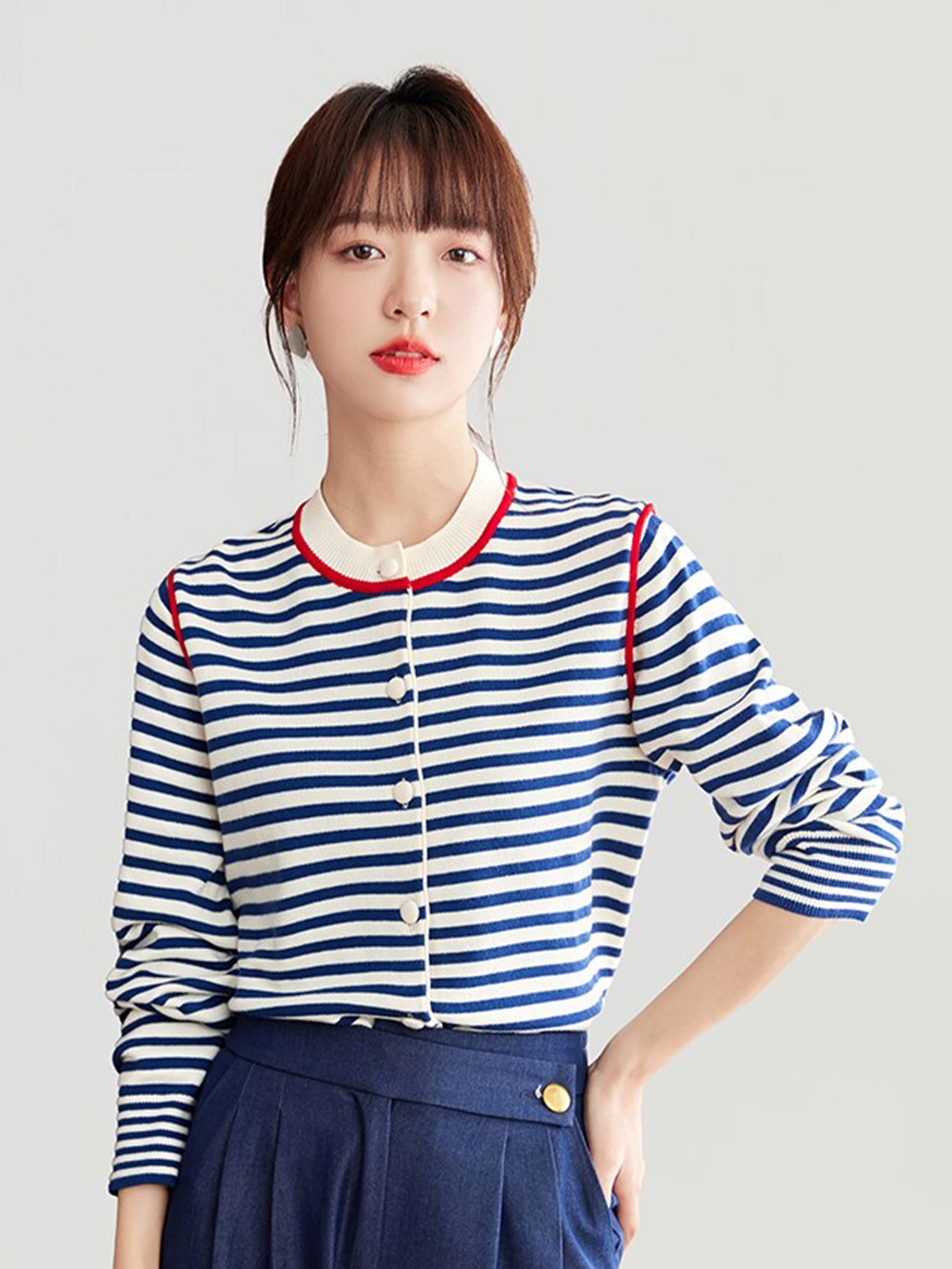 

JC Collection Striped Long Sleeve Front-Open Sweater, Blue