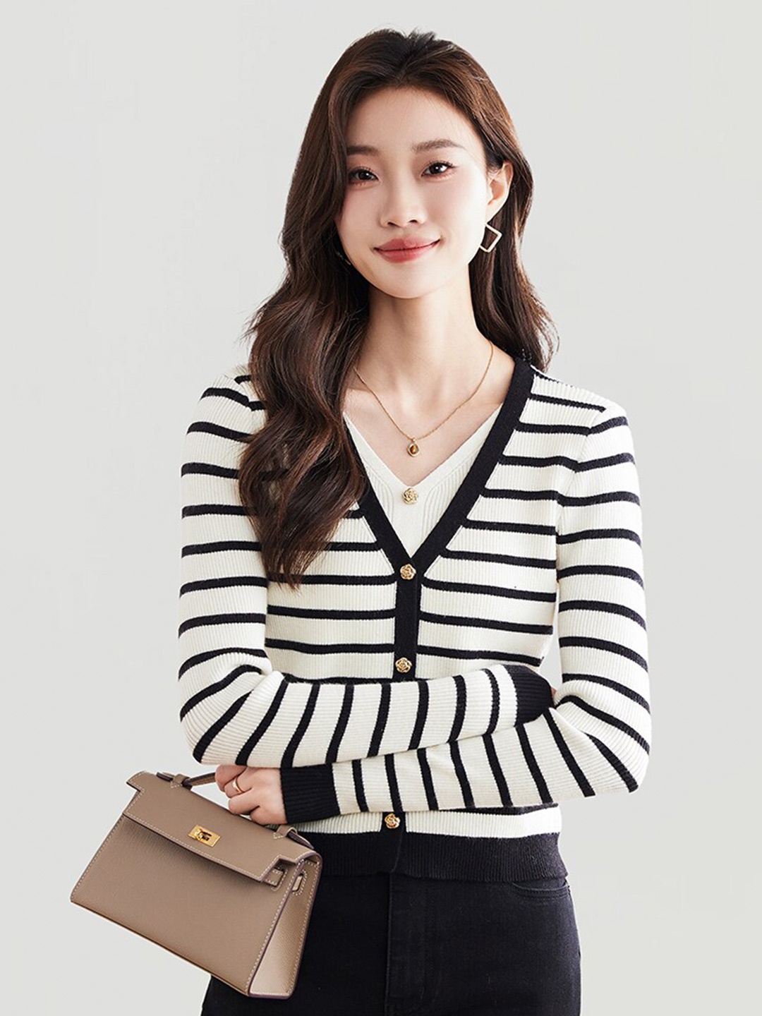 

JC Collection Striped V-Neck Cardigan Sweater, White