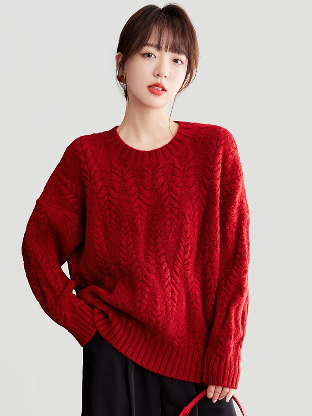 

JC Collection Cable Knit Self Design Pullover Sweater, Red