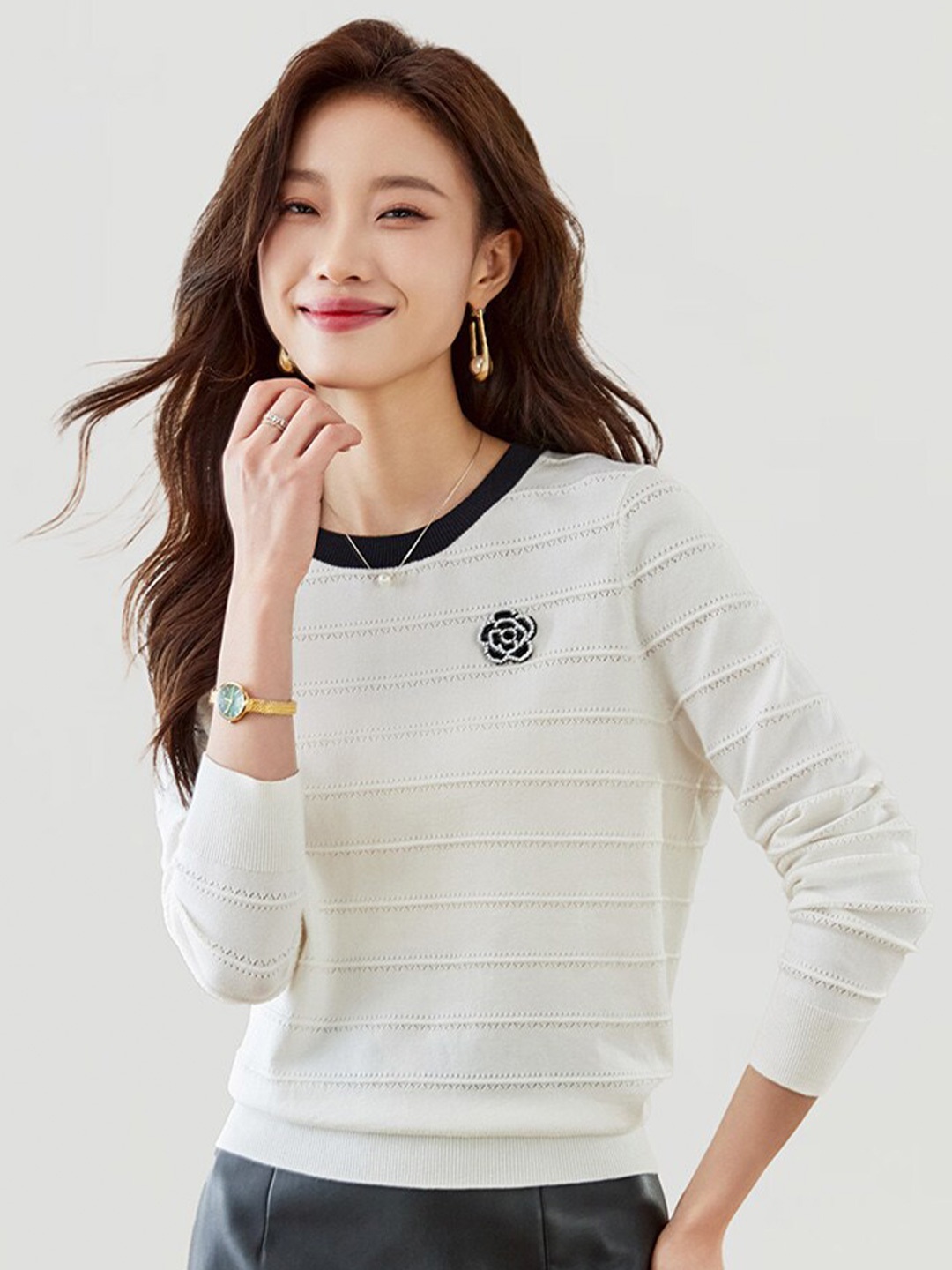 

JC Collection Striped Round Neck Pullover, White