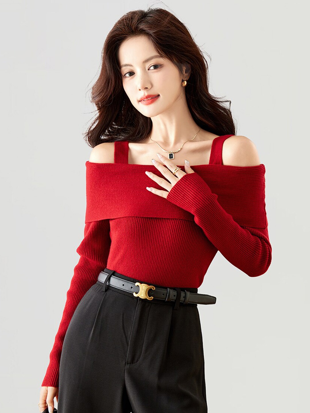 

JC Collection Self Design Off-Shoulder Cold-Shoulder Sleeves Top, Red