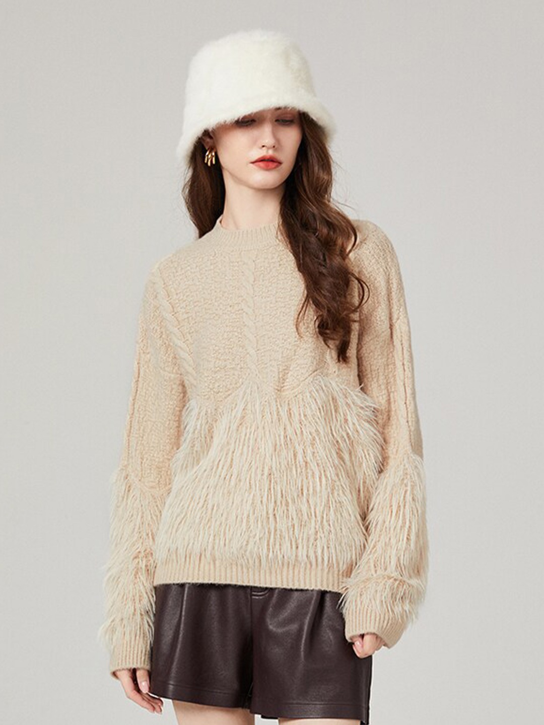 

JC Collection Cable Knit Self Design Fuzzy Detail Pullover, Khaki