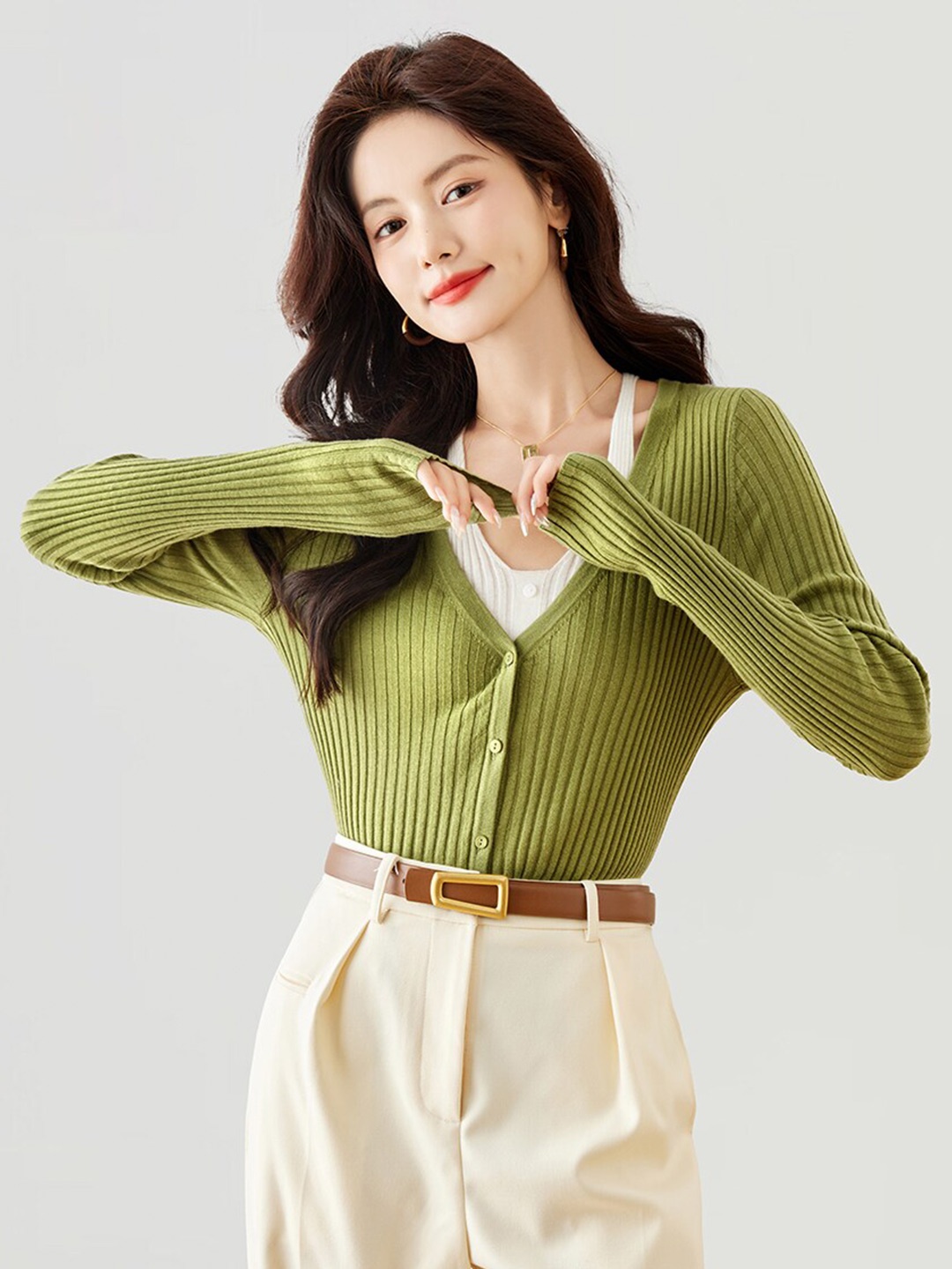 

JC Collection Ribbed V-Neck Cardigan, Green