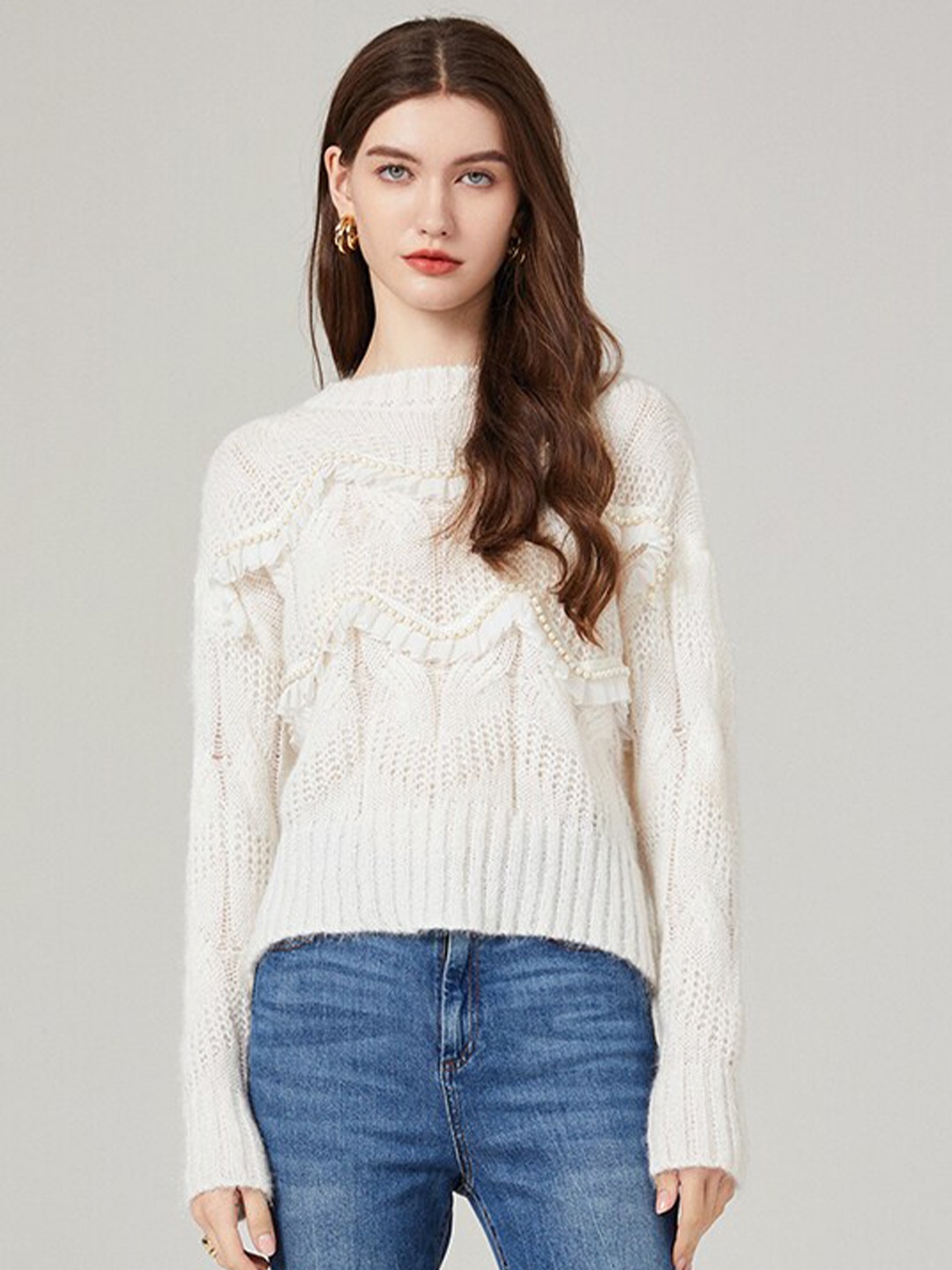 

JC Collection Open Knit Self Design Pullover, White
