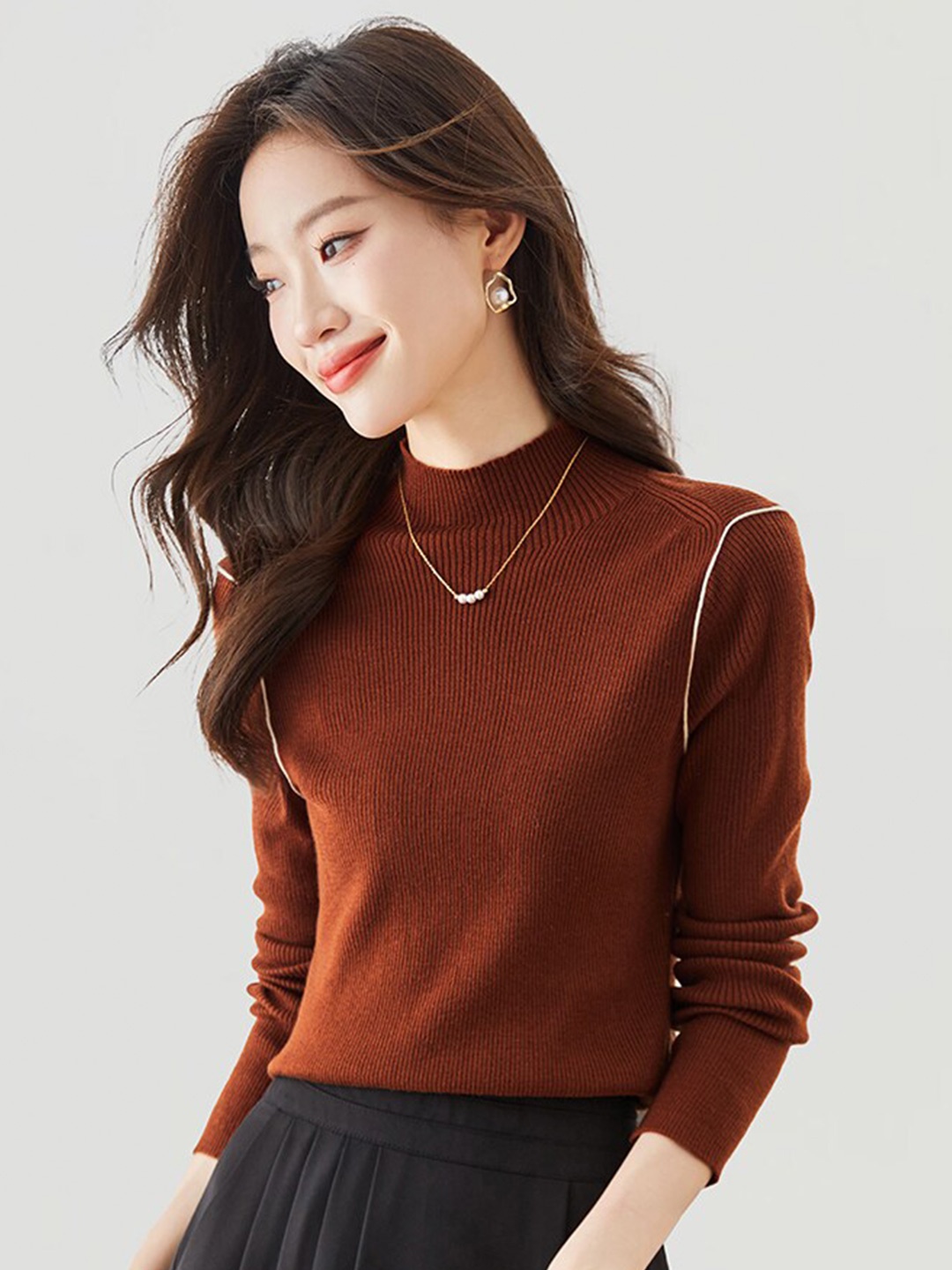 

JC Collection Ribbed High Neck Pullover Sweater, Coffee brown