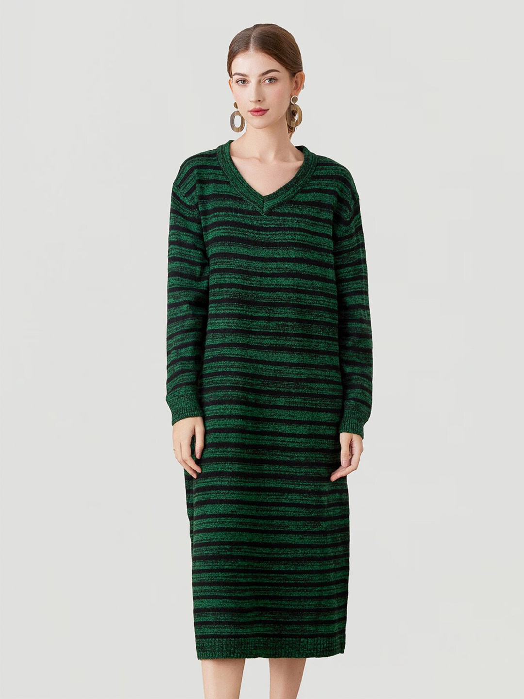 

JC Collection Striped V-Neck Midi Jumper Dress, Green