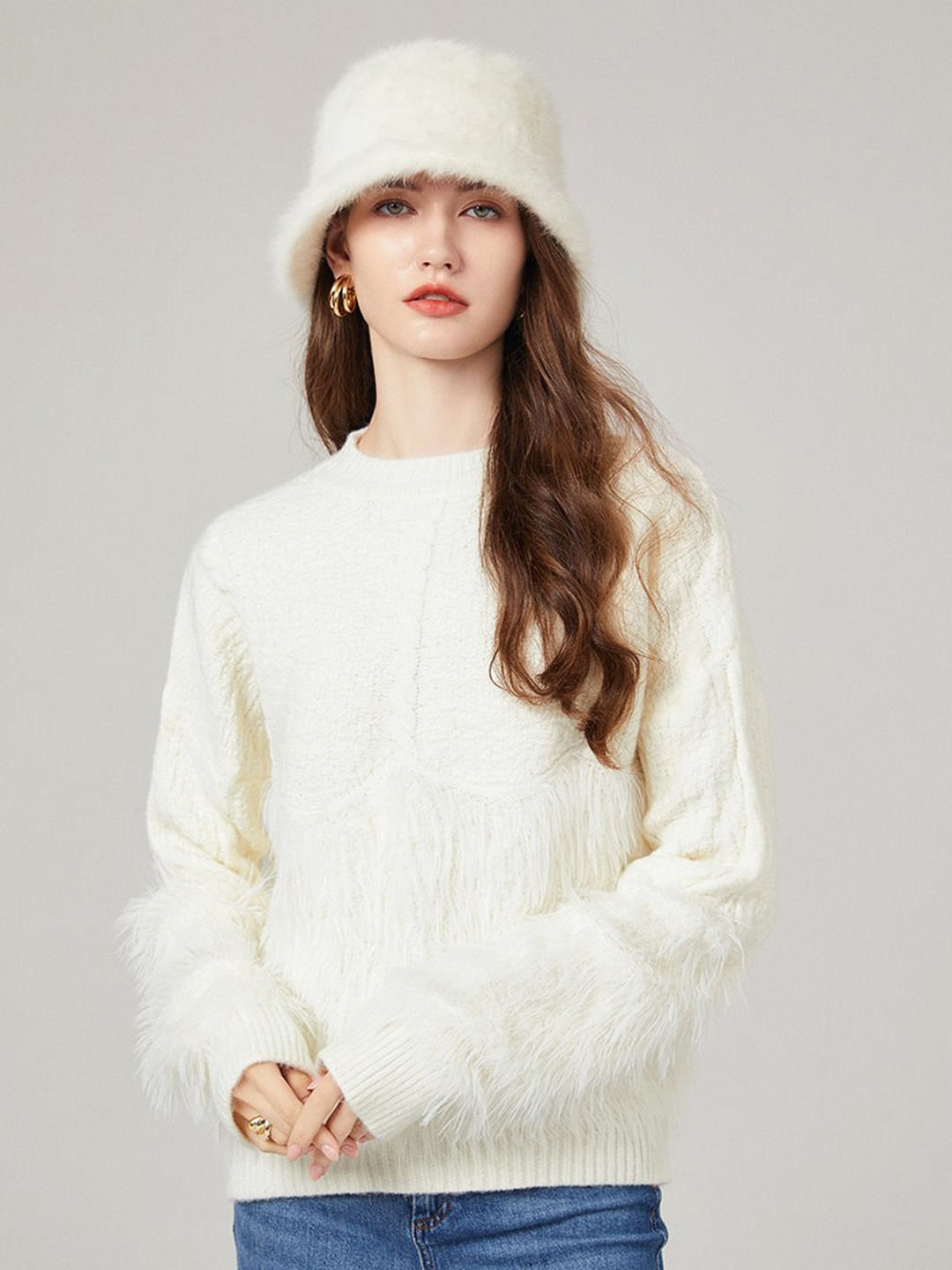 

JC Collection Self Design Round Neck Pullover Sweater With Fuzzy Detail, White