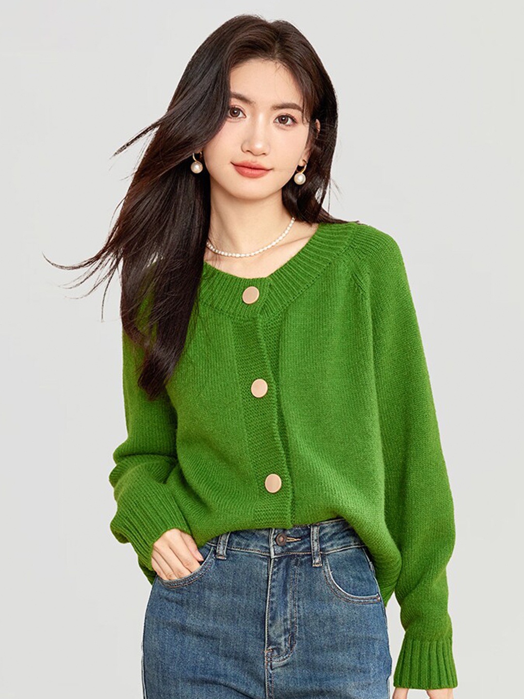 

JC Collection Round Neck Cardigan, Green