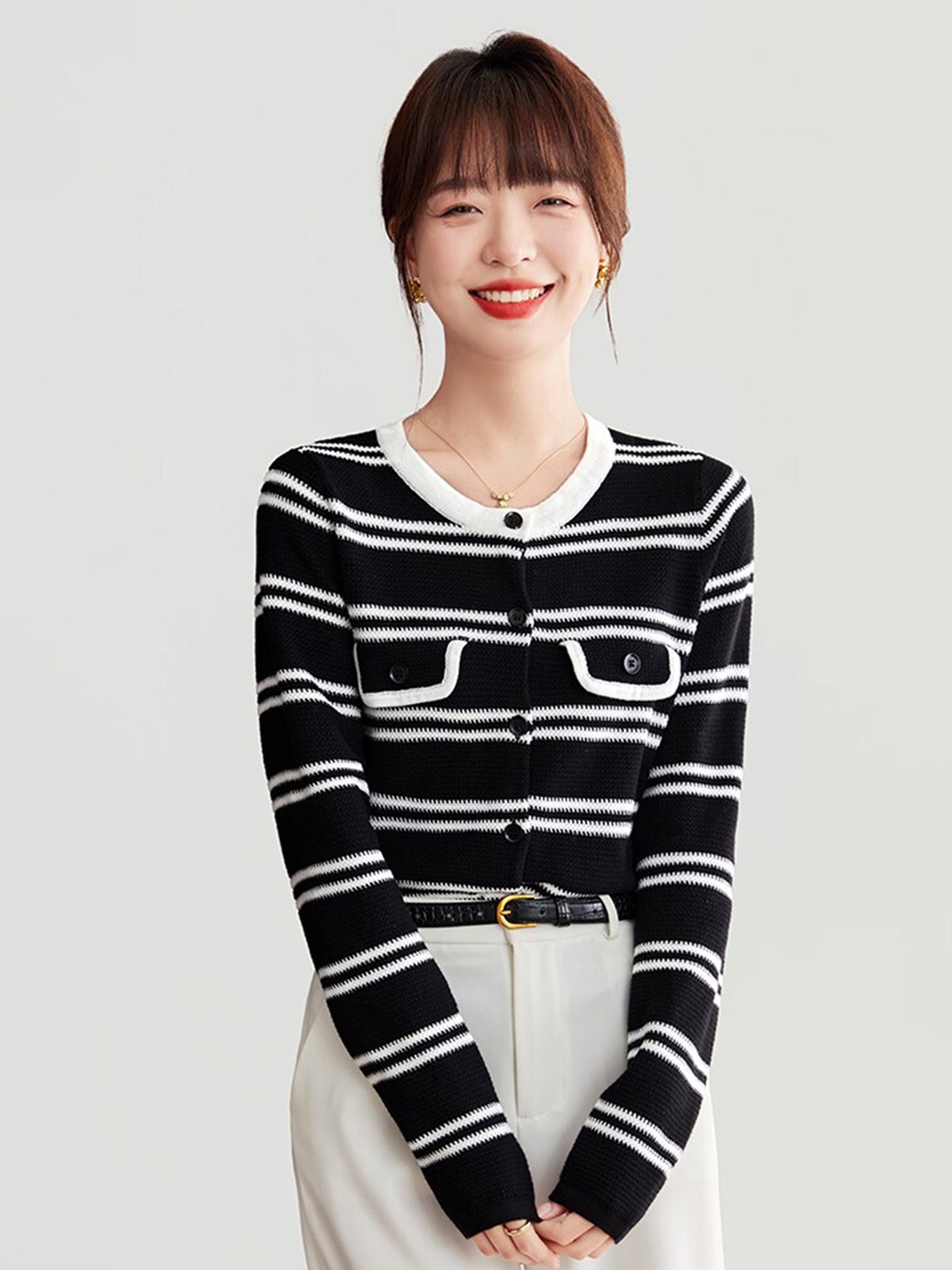 

JC Collection Colourblocked Round Neck Cardigan, Black