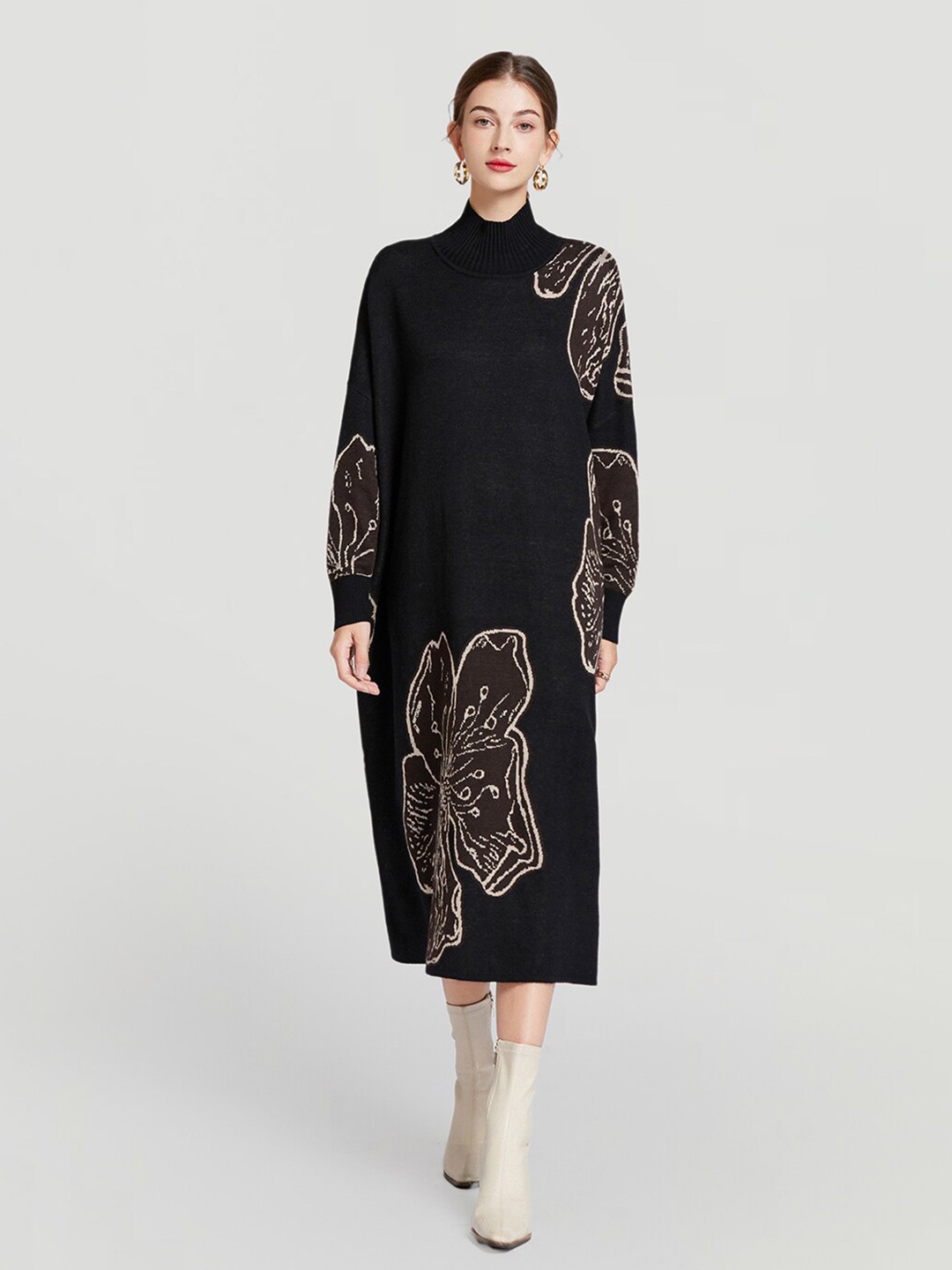 

JC Collection Floral Printed High Neck Jumper Midi Dress, Black