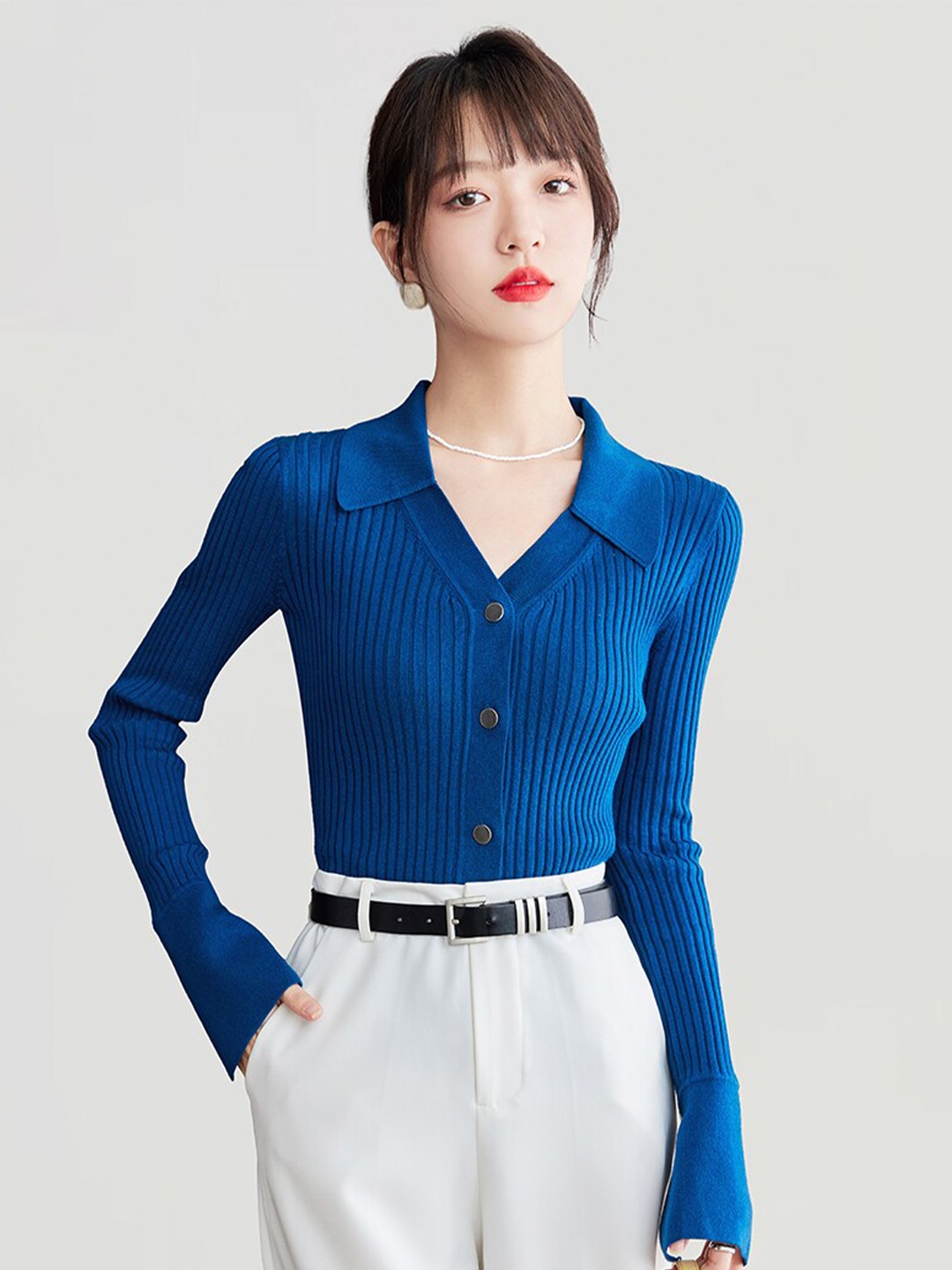 

JC Collection Ribbed Shirt Collar Cardigan, Blue