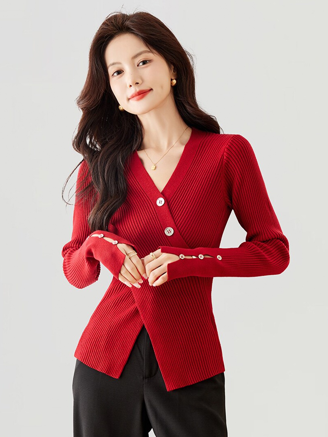 

JC Collection Ribbed V-Neck Cardigan, Red