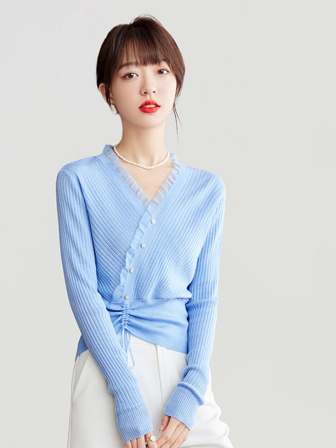 

JC Collection Self Design V-Neck Ruffles Pullover Sweater, Blue