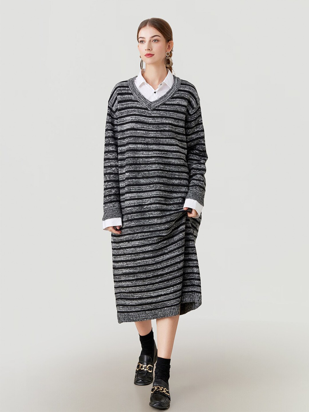 

JC Collection Striped V-Neck Midi Jumper Dress, Grey