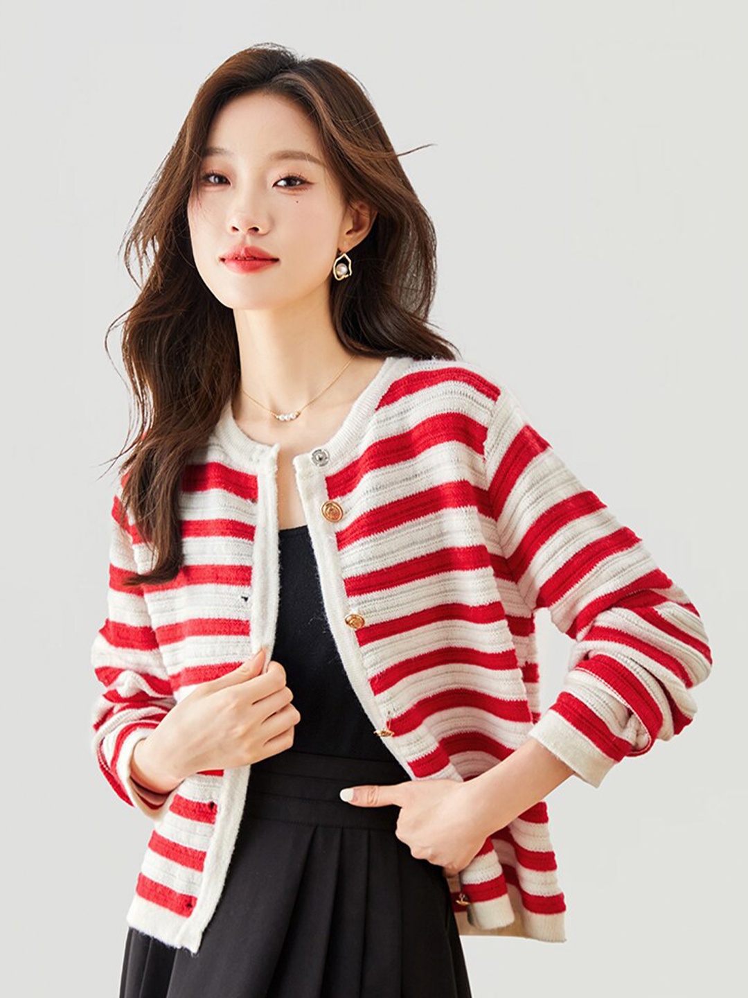 

JC Collection Striped Round Neck Cardigan, Red