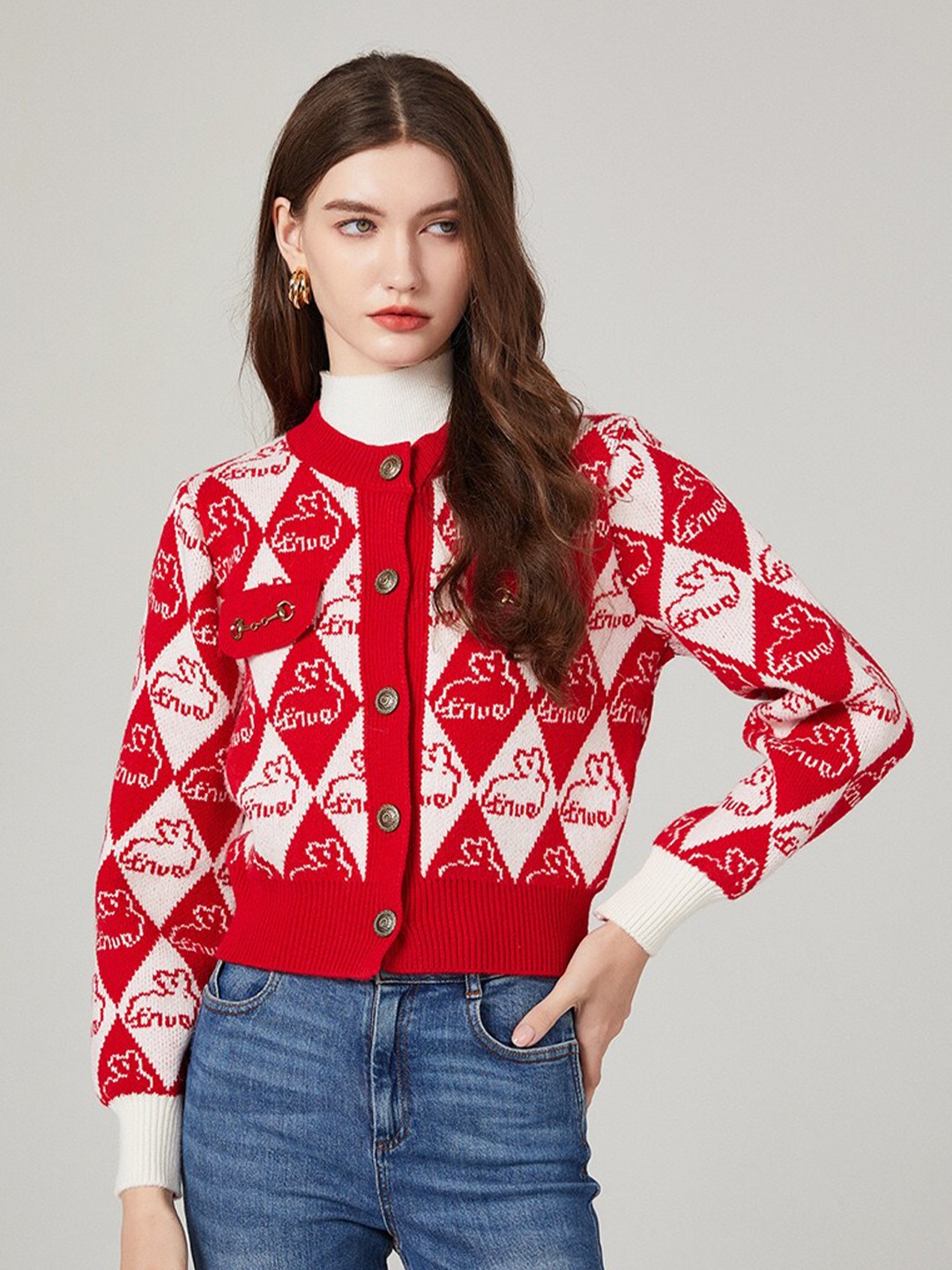 

JC Collection Conversational Printed Cardigan Sweater, Red