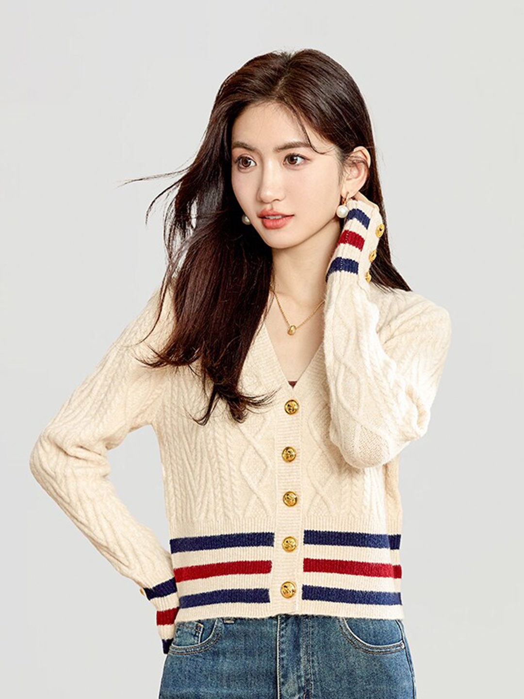 

JC Collection Self Designed V-Neck Cardigan, Beige
