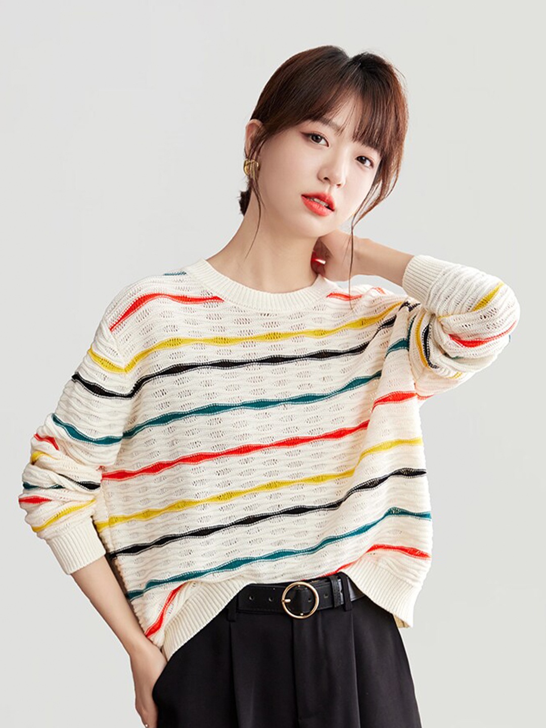 

JC Collection Striped Round Neck Pullover, Cream