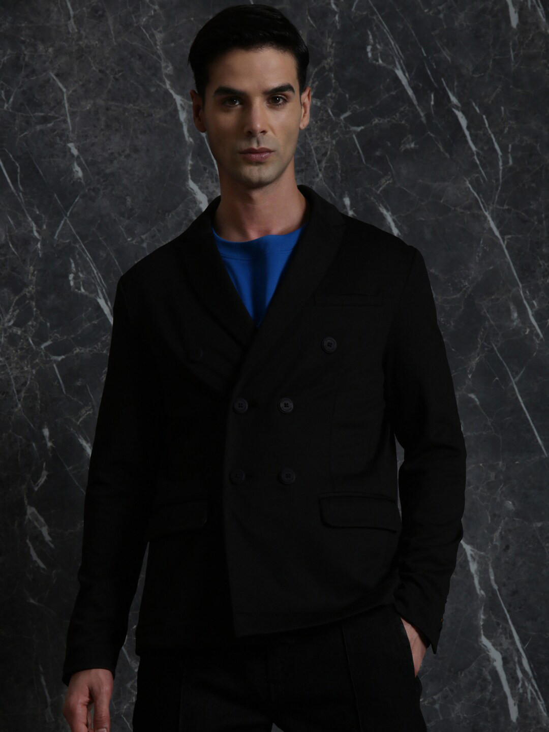 

Breakbounce Black Shawl Collar Long Sleeves Double-Breasted Relaxed Fit Blazer