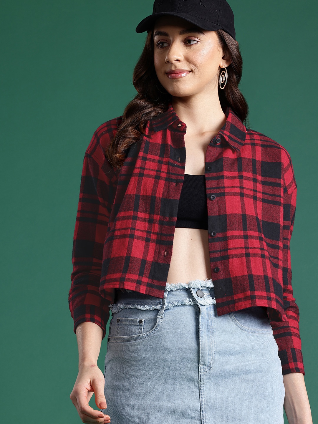 

DressBerry Modern Checked Oversized Pure Cotton Crop Casual Shirt, Red