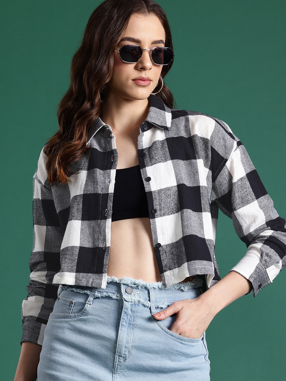 

DressBerry Modern Buffalo Checked Oversized Pure Cotton Crop Casual Shirt, White