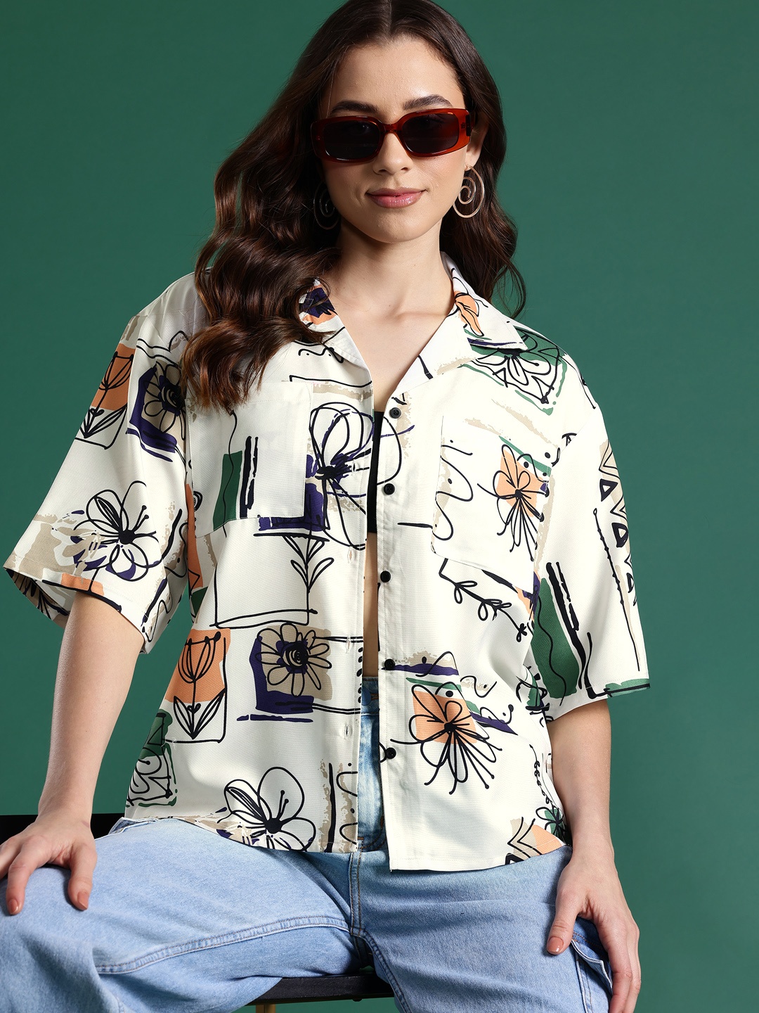 

DressBerry Modern Boxy Printed Cuban Collar Drop-Shoulder Sleeves Casual Shirt, Multi