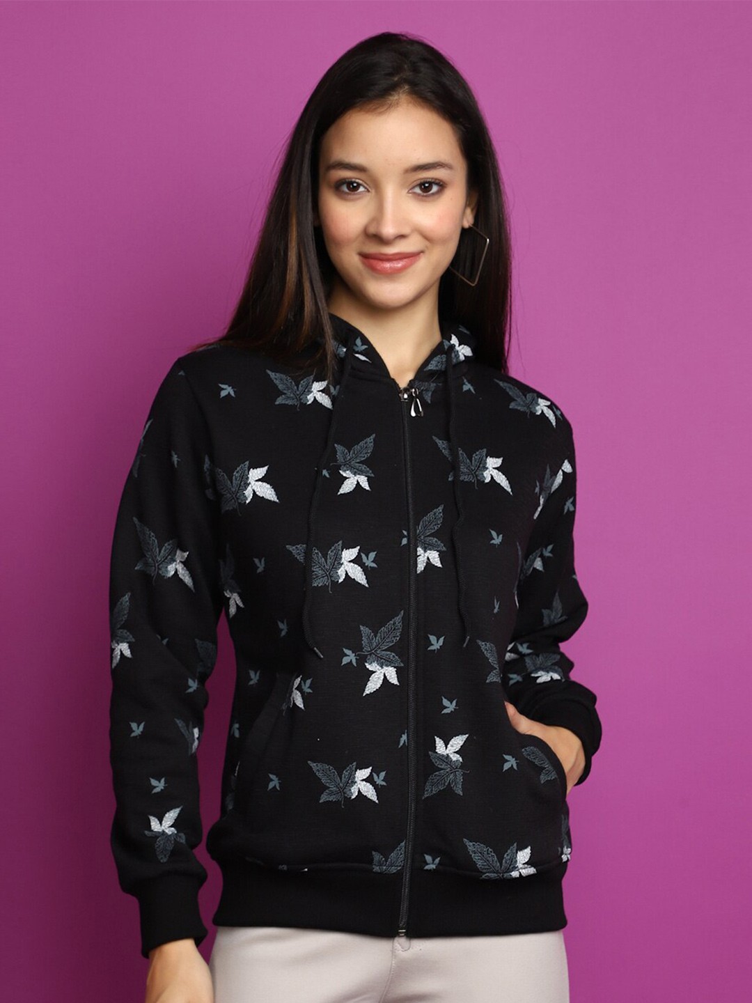 

V-Mart Floral Printed Hooded Cotton Sweatshirt, Black