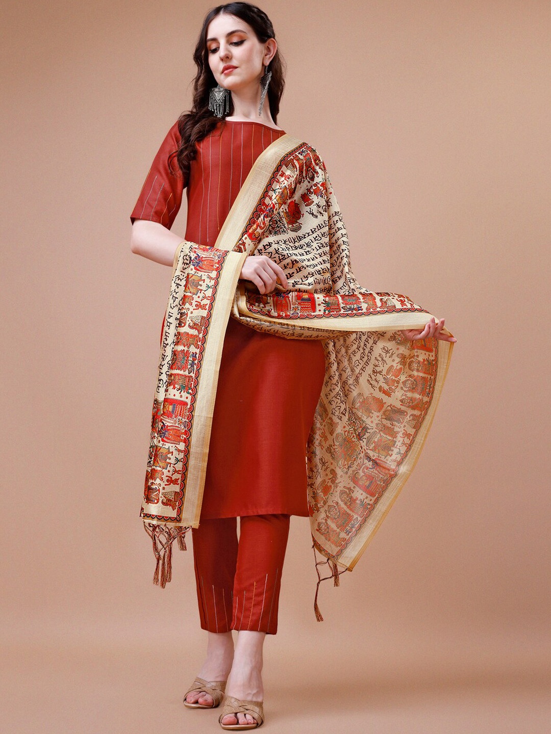 

KALINI Striped Embroidered Boat Neck Straight Kurta With Trousers & Dupatta, Rust