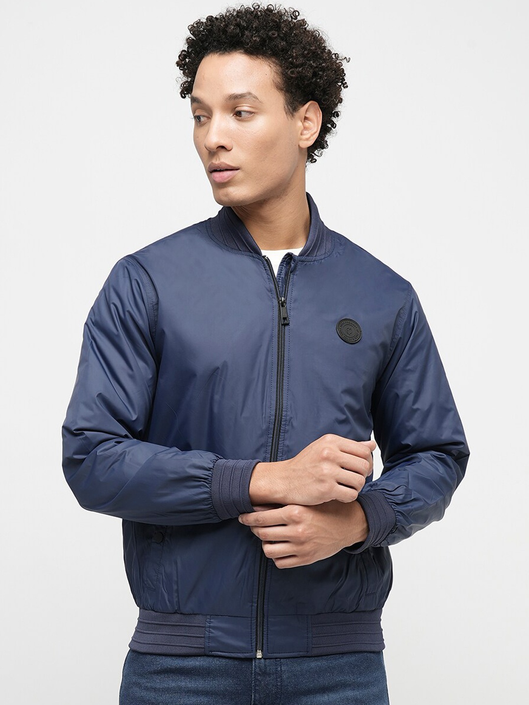 

Jack & Jones Stand Collar Bomber Jacket With Zip Detail, Blue