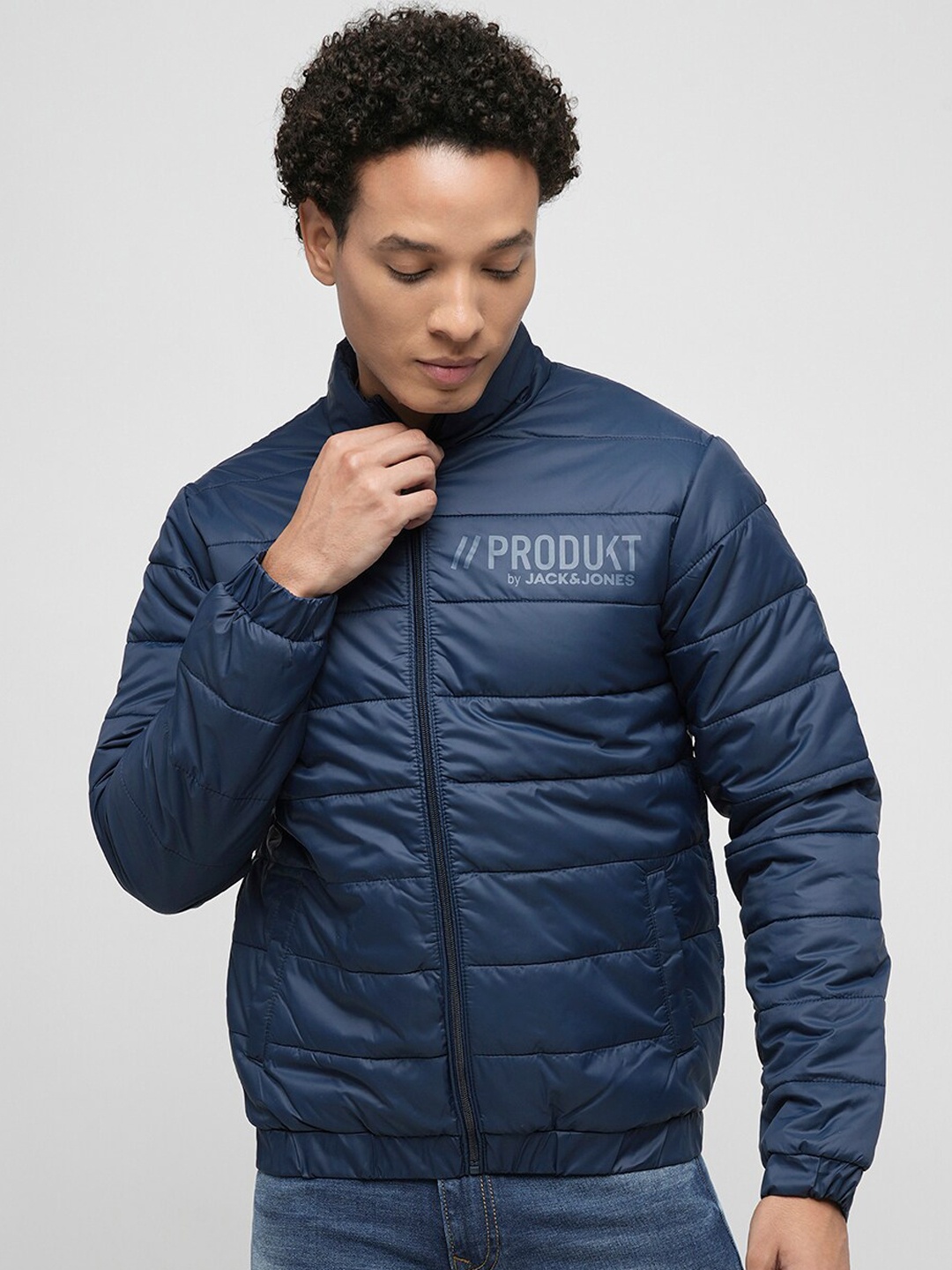 

Jack & Jones Stand Collar Puffer Jacket With Zip Detail, Blue