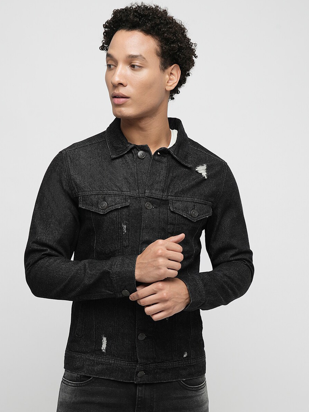 

Jack & Jones Spread Collar Denim Jacket With Studded Detail, Black