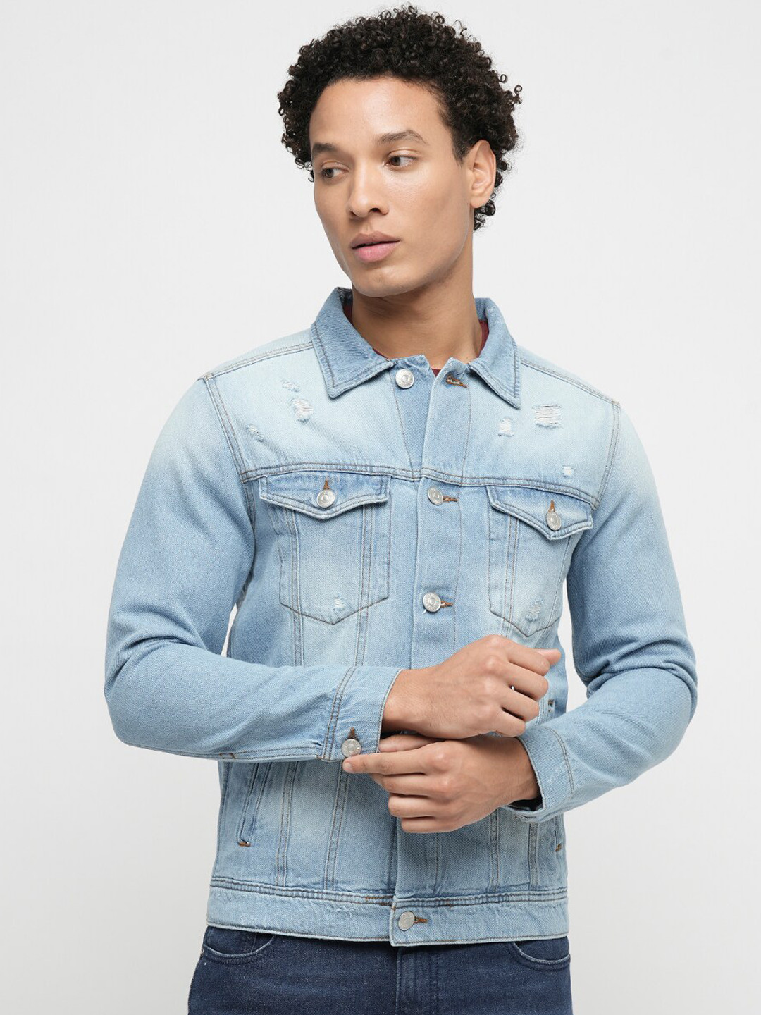 

Jack & Jones Spread Collar Denim Jacket With Studded Detail, Blue