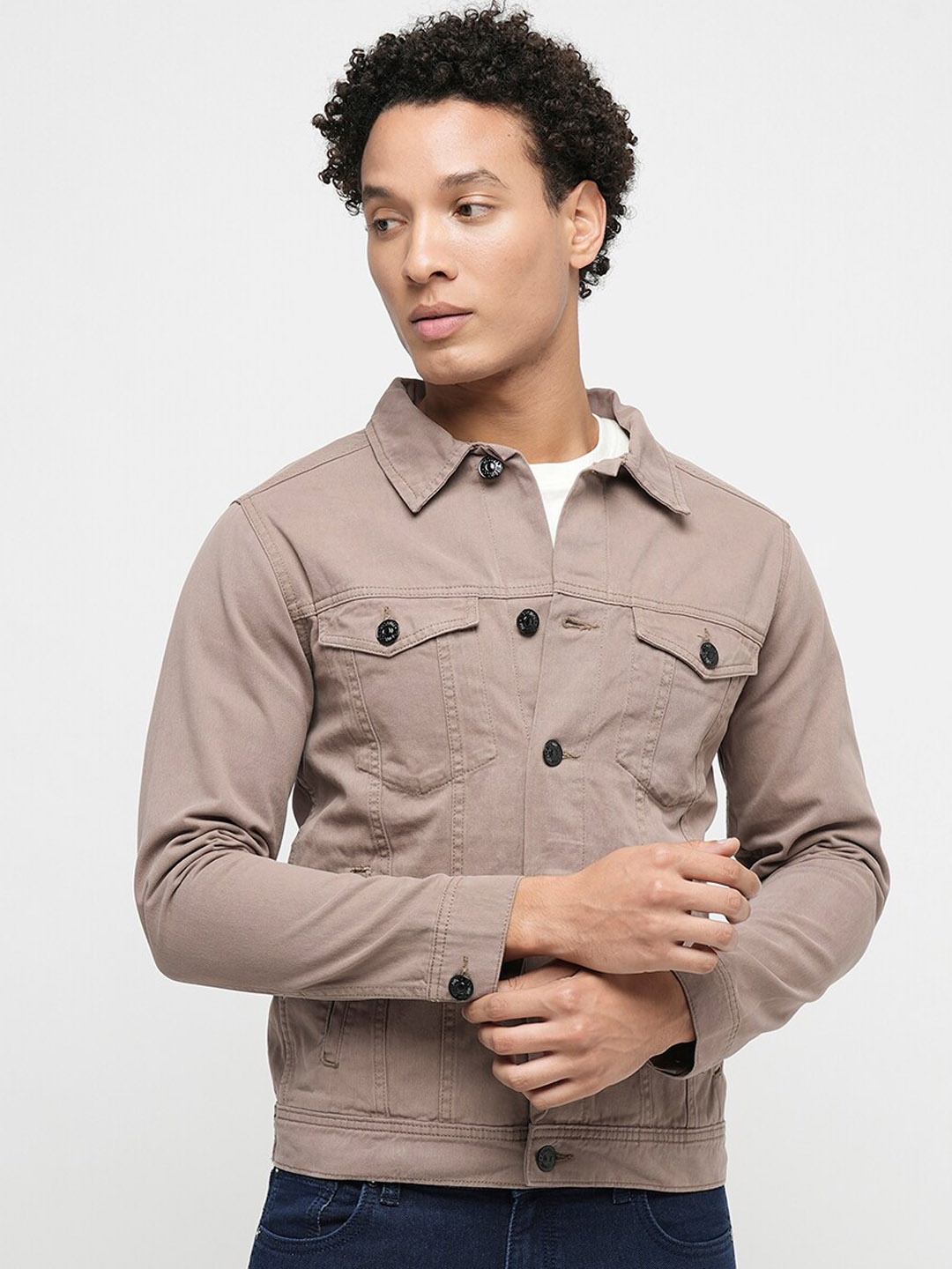 

Jack & Jones Spread Collar Denim Jacket With Studded Detail, Grey