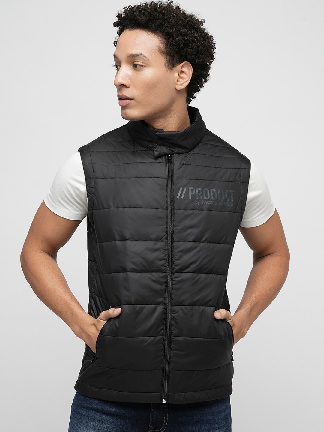 

Jack & Jones Stand Collar Quilted Jacket With Zip Detail, Black