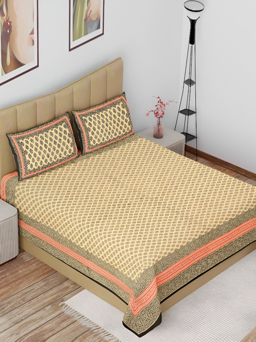 

The Craft Monk Beige Ethnic Motifs Cotton 180 TC King Bedsheet with 2 Pillow Covers