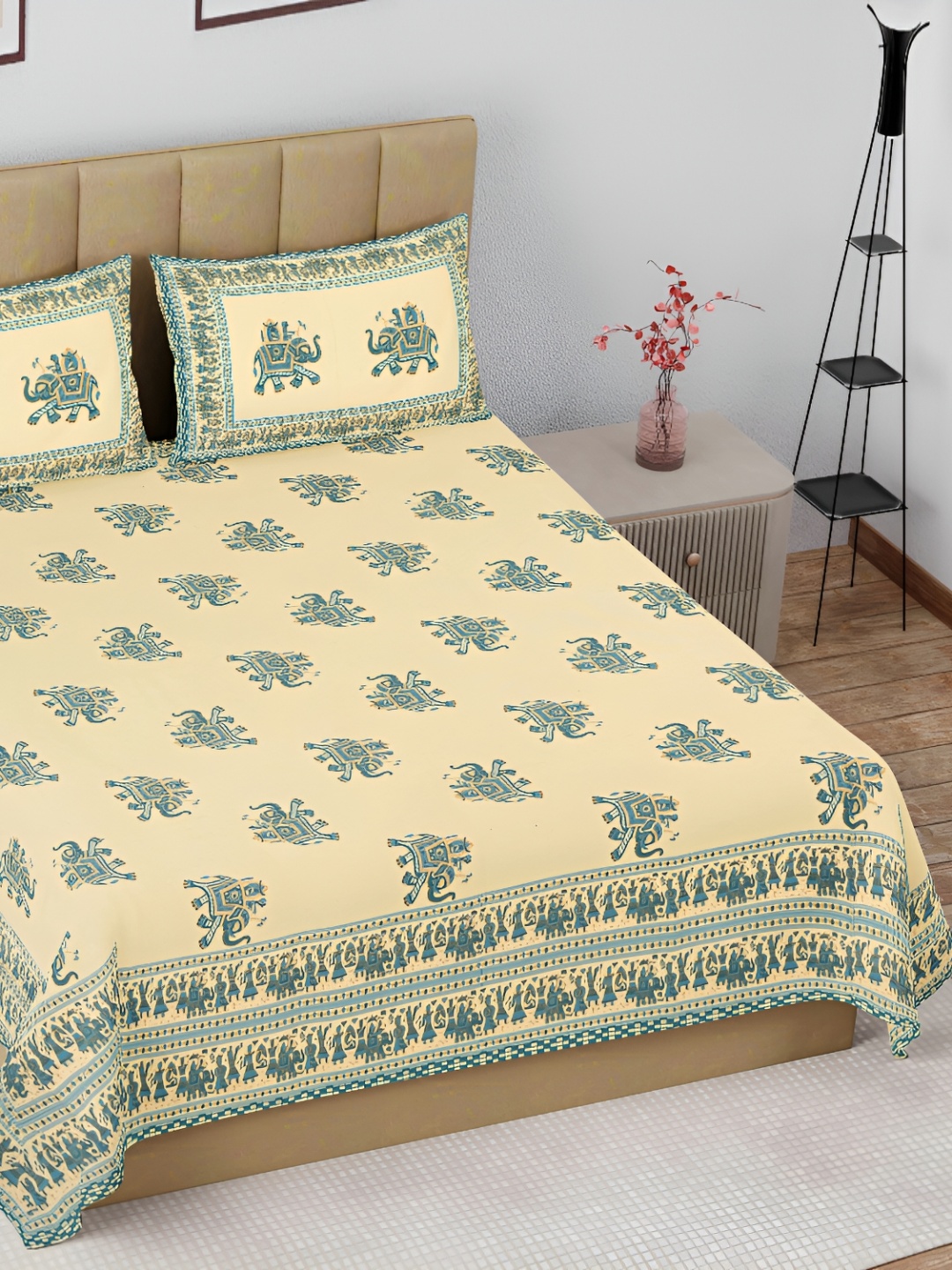 

The Craft Monk Beige & Blue Cotton 180 TC King Bedsheet with 2 Pillow Covers