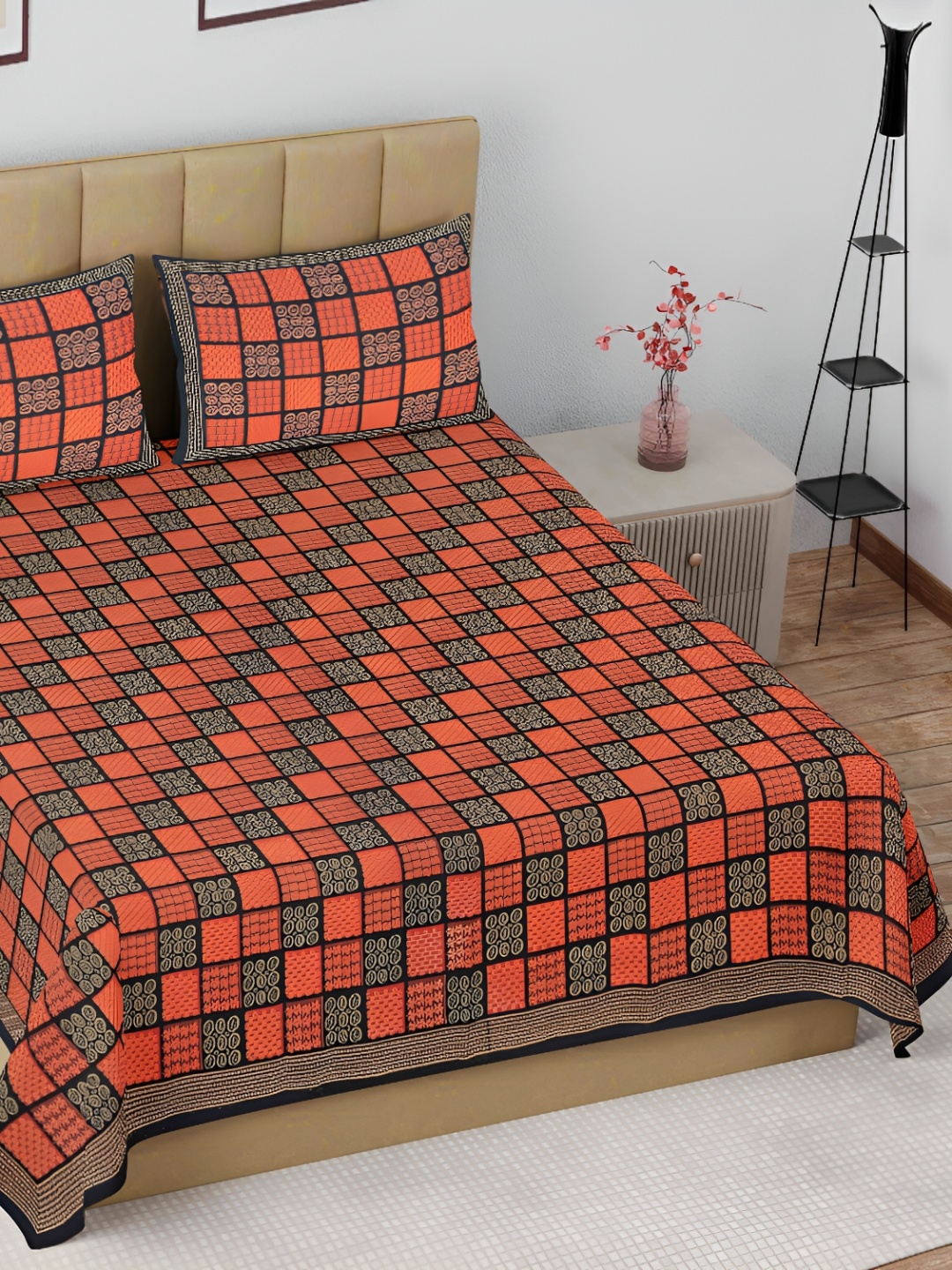 

The Craft Monk Orange & Black Geometric Cotton 180 TC King Bedsheet with 2 Pillow Covers