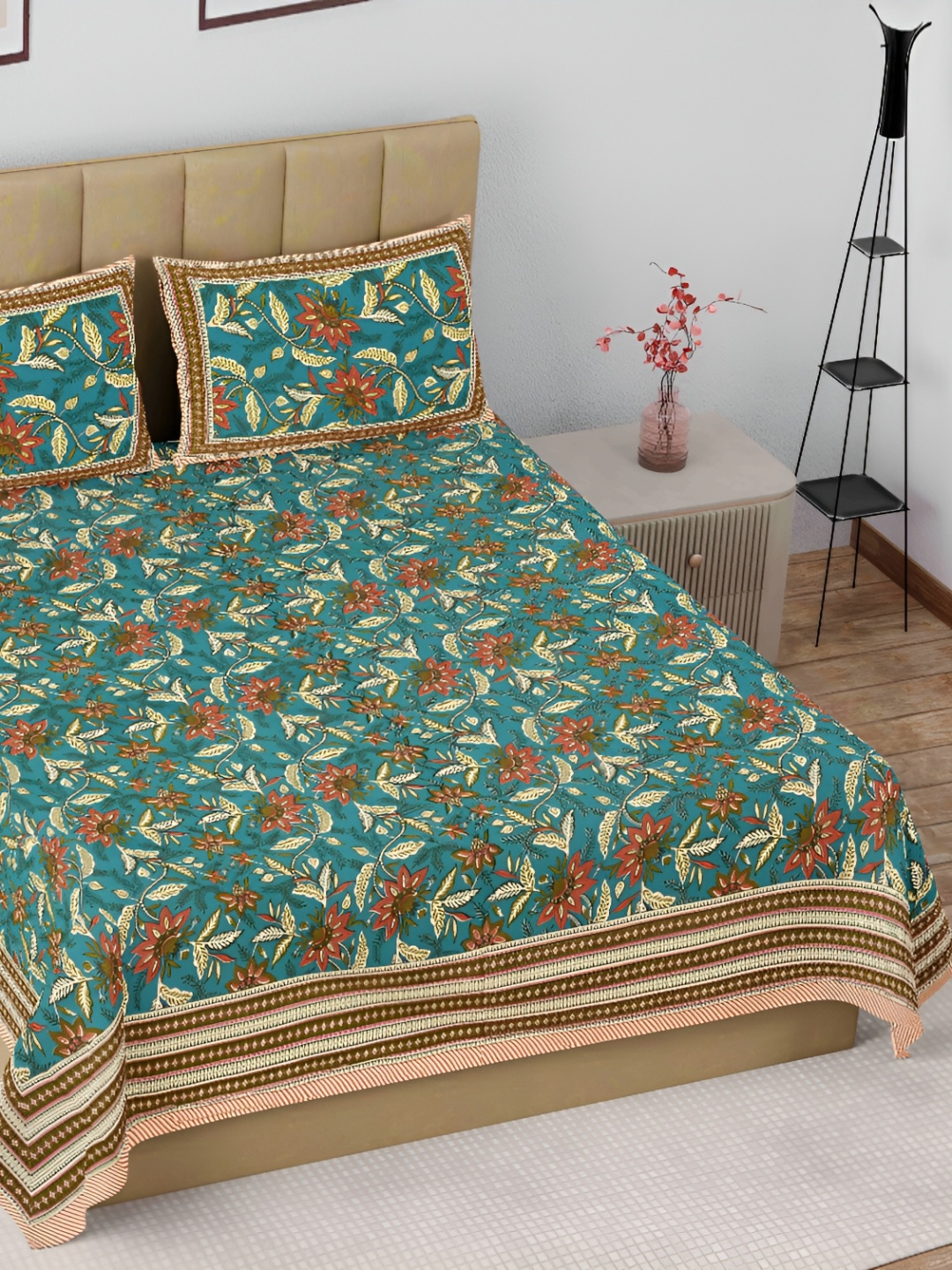 

The Craft Monk Green & Brown Floral Cotton 180 TC King Bedsheet with 2 Pillow Covers