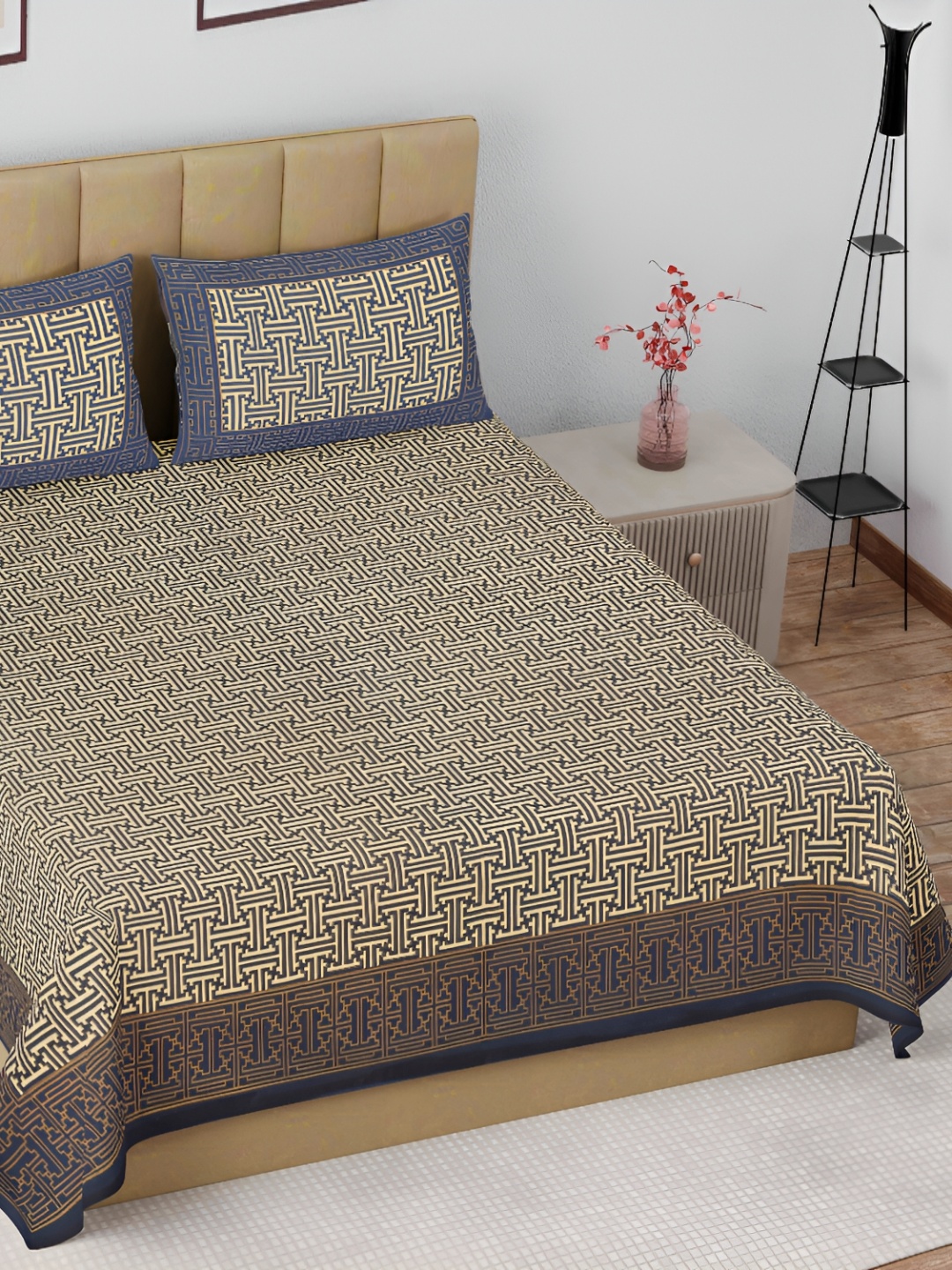 

The Craft Monk Blue & Beige Geometric Cotton 180 TC King Bedsheet with 2 Pillow Covers