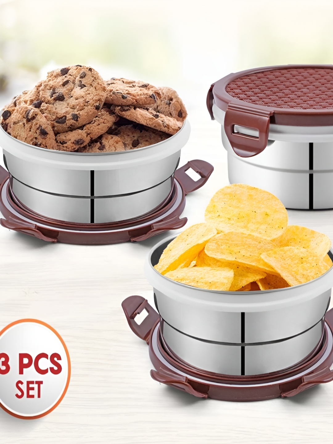 

DREAM HOME Brown 3 Pieces Stainless Steel Dishwasher Safe Food Container 750ml each