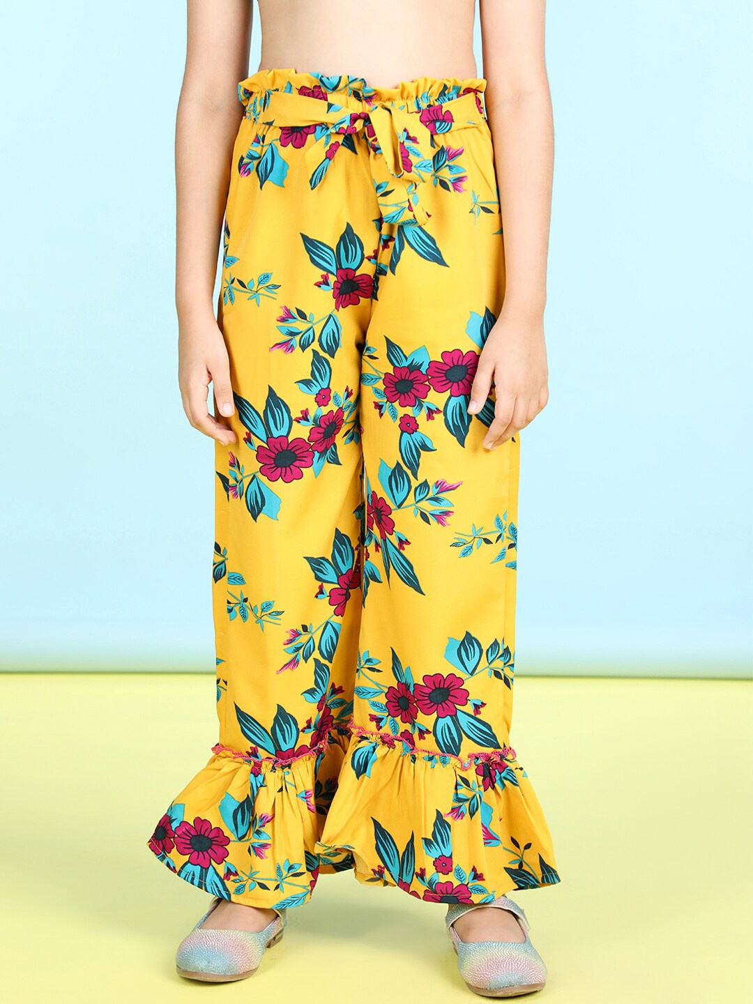 

Cutiekins Floral Printed Flared Palazzos, Mustard
