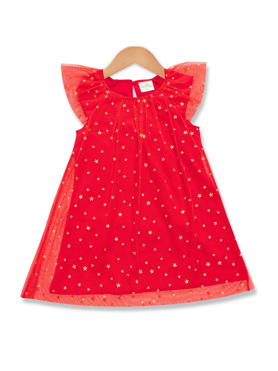 

JusCubs Girls Conversational Printed Flutter Sleeves Gathered A-Line Dress, Red